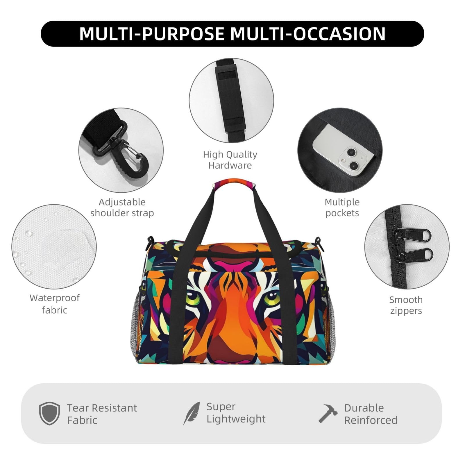 Moderne Tiger wasserdichte Reisetasche, kompakte Sporttasche, Fitnessstudio und Wochenend-Tragetasche für Damen und Herren