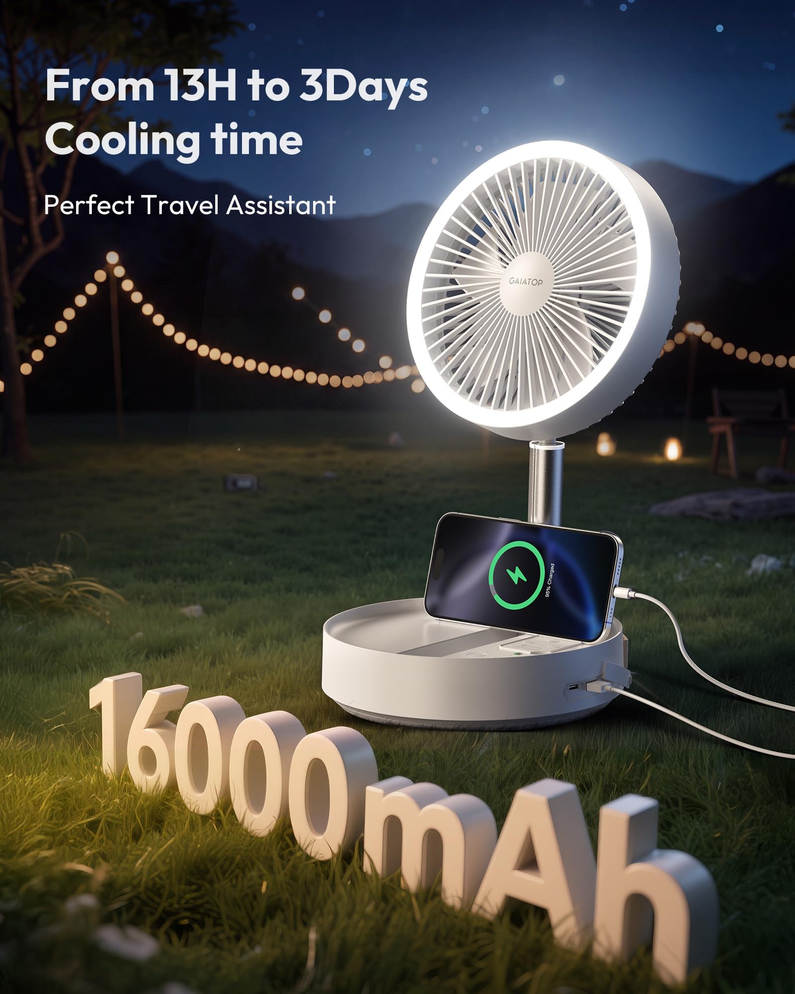 Gaiatop Ventilateur sur pied portable avec batterie 16 000 mAh [autonomie maximale de 74 h], ventilateur oscillant pliable, lumière LED, boîtier et télécommande, 4 vitesses pour l'extérieur, voyage