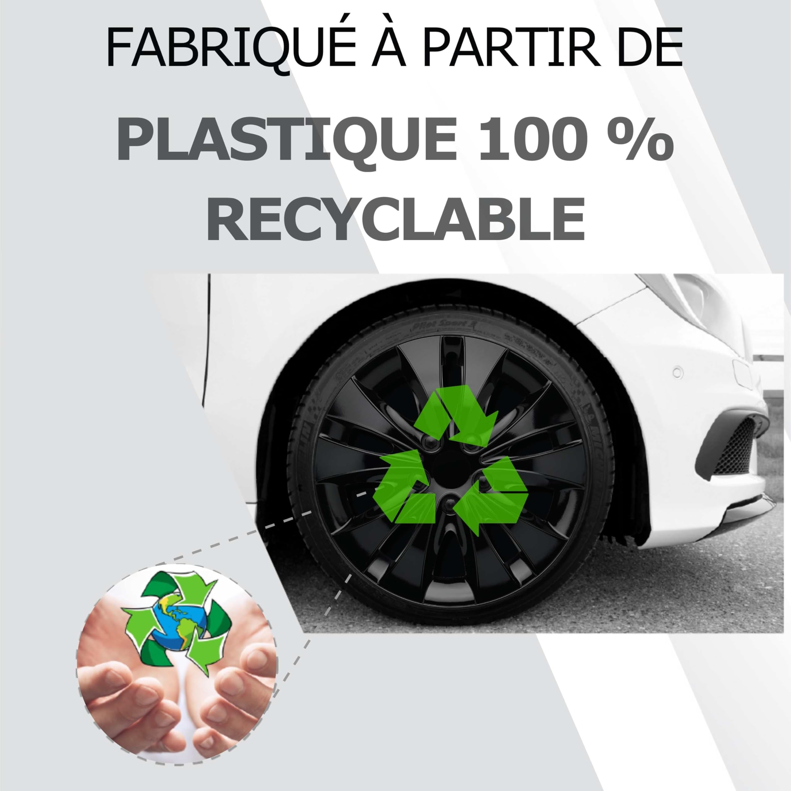 Lot de 4 Enjoliveurs Noirs 15 Pouces – Kuglo Stormer Design, ABS 100% Recyclé, Protection Jante/Valve, Universels