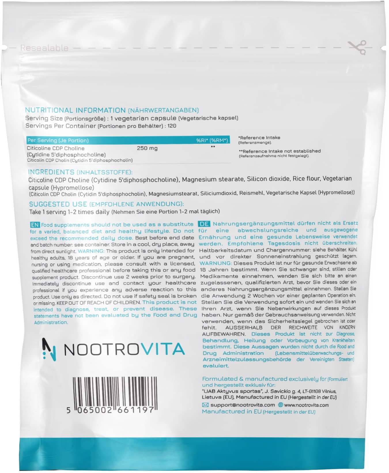 Citicolin CDP Cholin 120 Kapseln - Für Gedächtnis, Konzentration und Kognitive Funktion | Gluten, Allergen Frei | Hergestellt in ISO-Zertifizierten Betrieben | Nootrovita