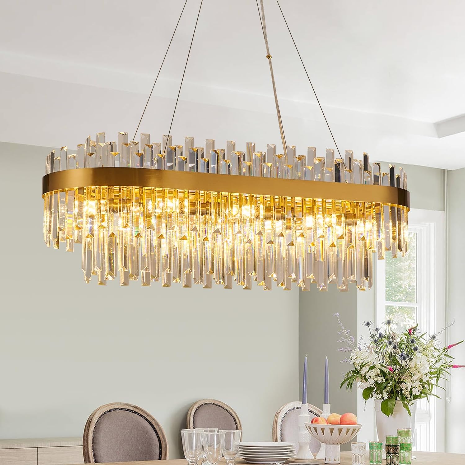 modern crystal chandeliers for dining room - 35inch rectangle gold, 10-light e12 pendant lighting for kitchen island, living room gold 35in gold