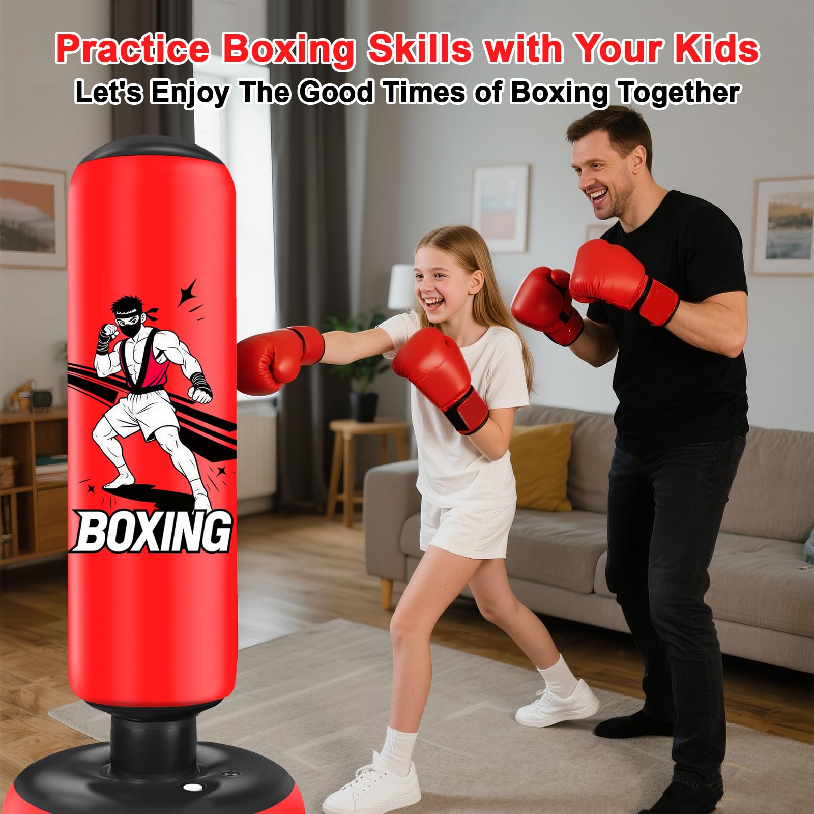 Saco de Boxeo de Pie, 168 cm Saco Boxeo Niños, Inflable Bolsa De Boxe con Guantes y Bomba para Practicar MMA Karate Taekwondo Punching Ball para 5-18 Niños Adolescentes