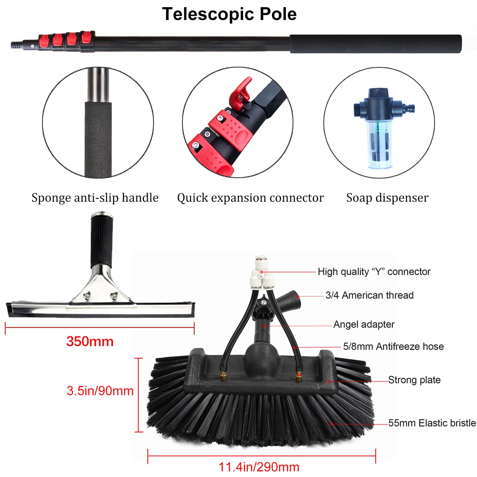 Genérico Cepillo para Ventanas telescópico de 5,4 m, hidrolimpiador, Escoba telescópica, dispensador de jabón a Agua, Paneles solares, Lavado de Camiones, autobuses, techos de automóviles.