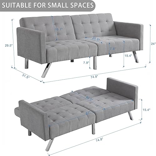 Miniatura 3 de Sofá cama tipo futón convertible plegable de 74 pulgadas, sofá cama con reposabrazos, sofá biplaza para espacio pequeño, moderno y ajustable para