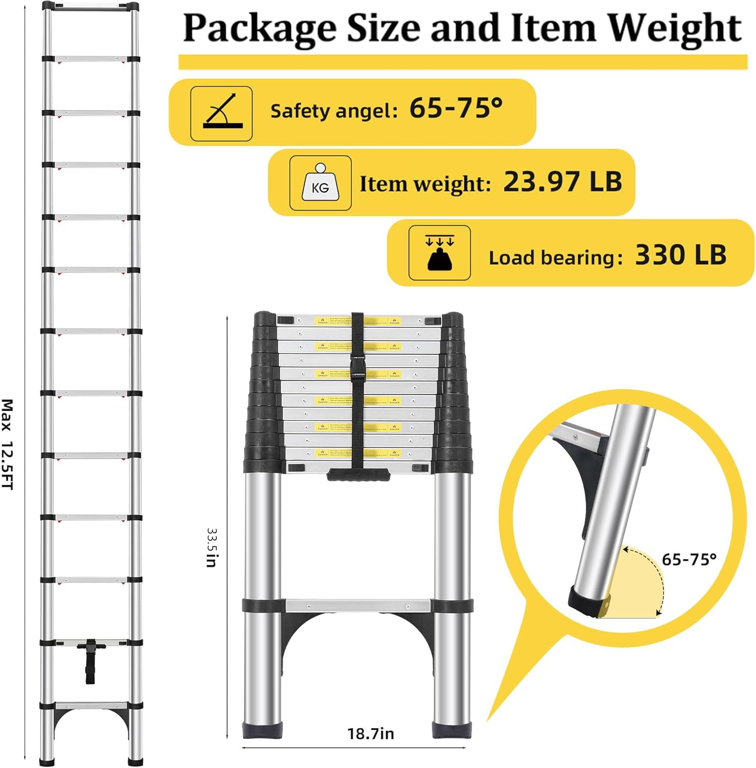 Telescoping Ladder 12.5 FT, Aluminum Lightweight Extension Ladder with 2 Detachable Hooks and 2 Triangle Stabilizers, Safety Lock Slow Down Design Collapsible Telescopic Ladder for Home & Outdoor