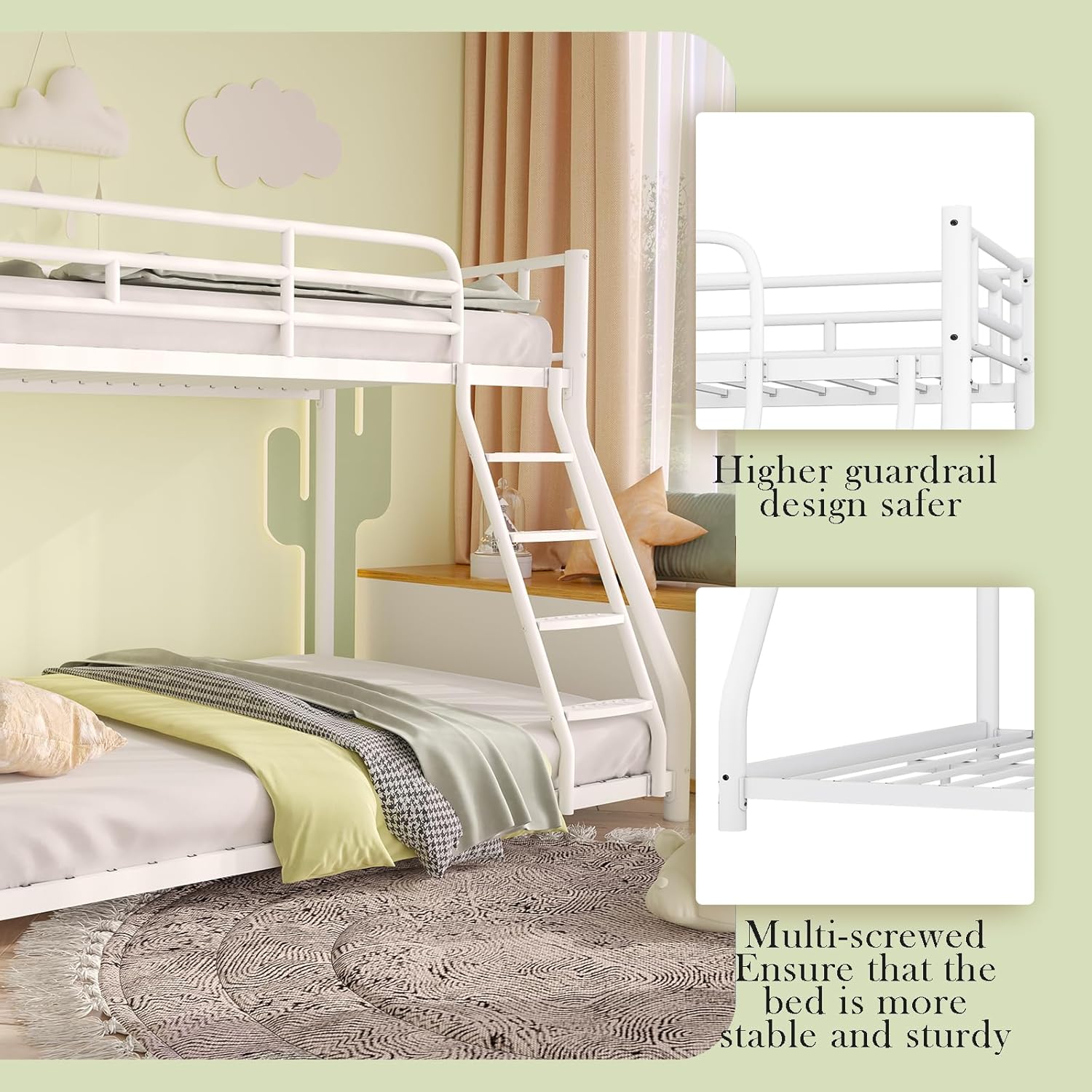 Metal Bunk Bed, Twin Over Full Bunk Bed with Safety Guardrail and Ladder, Bunk Beds Twin Over Full Size(White)