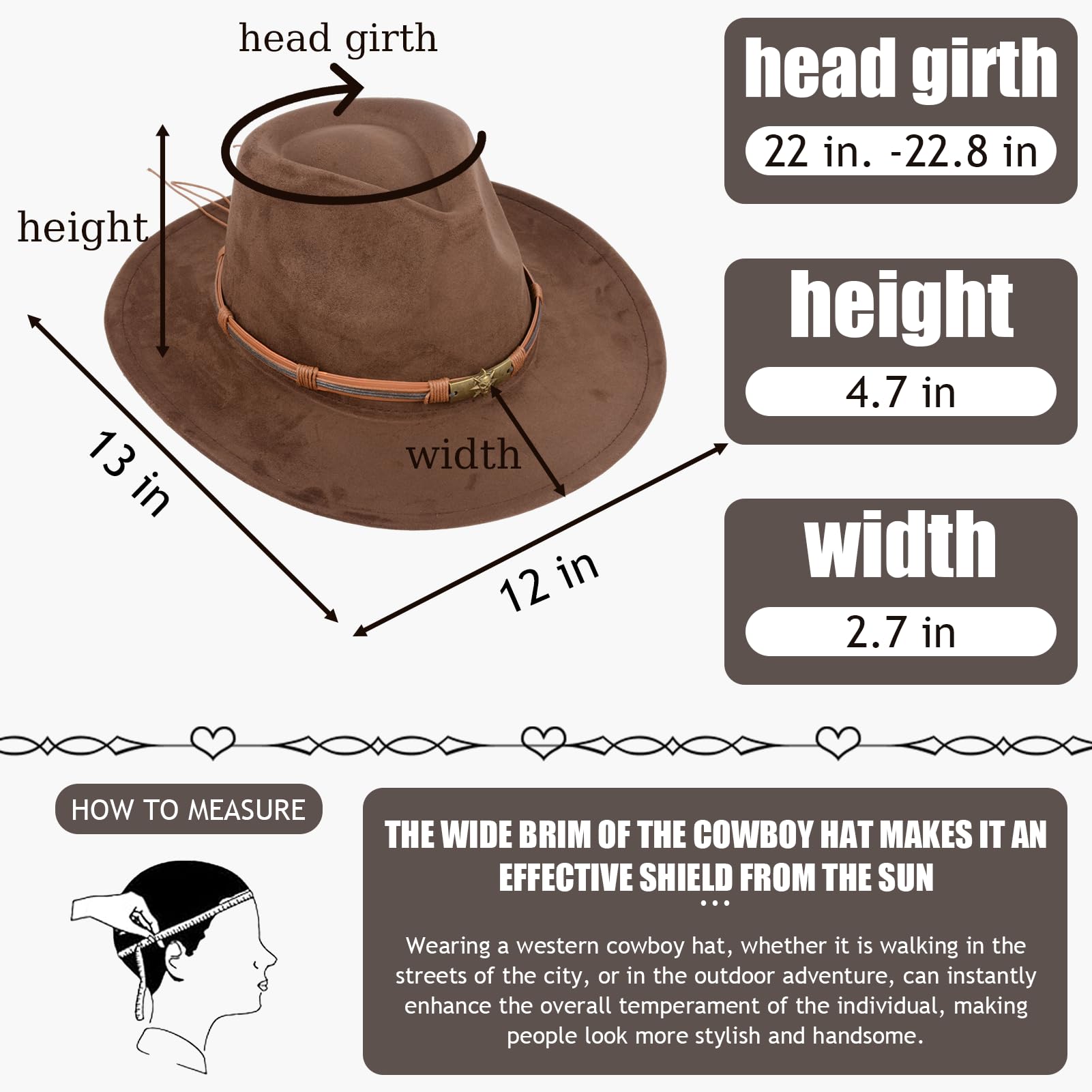 Cowboy-Hut für Damen und Herren - Breitkrempiger Outdoor-Suedehut in klassischem Kaffeebraun (Kunstleder)