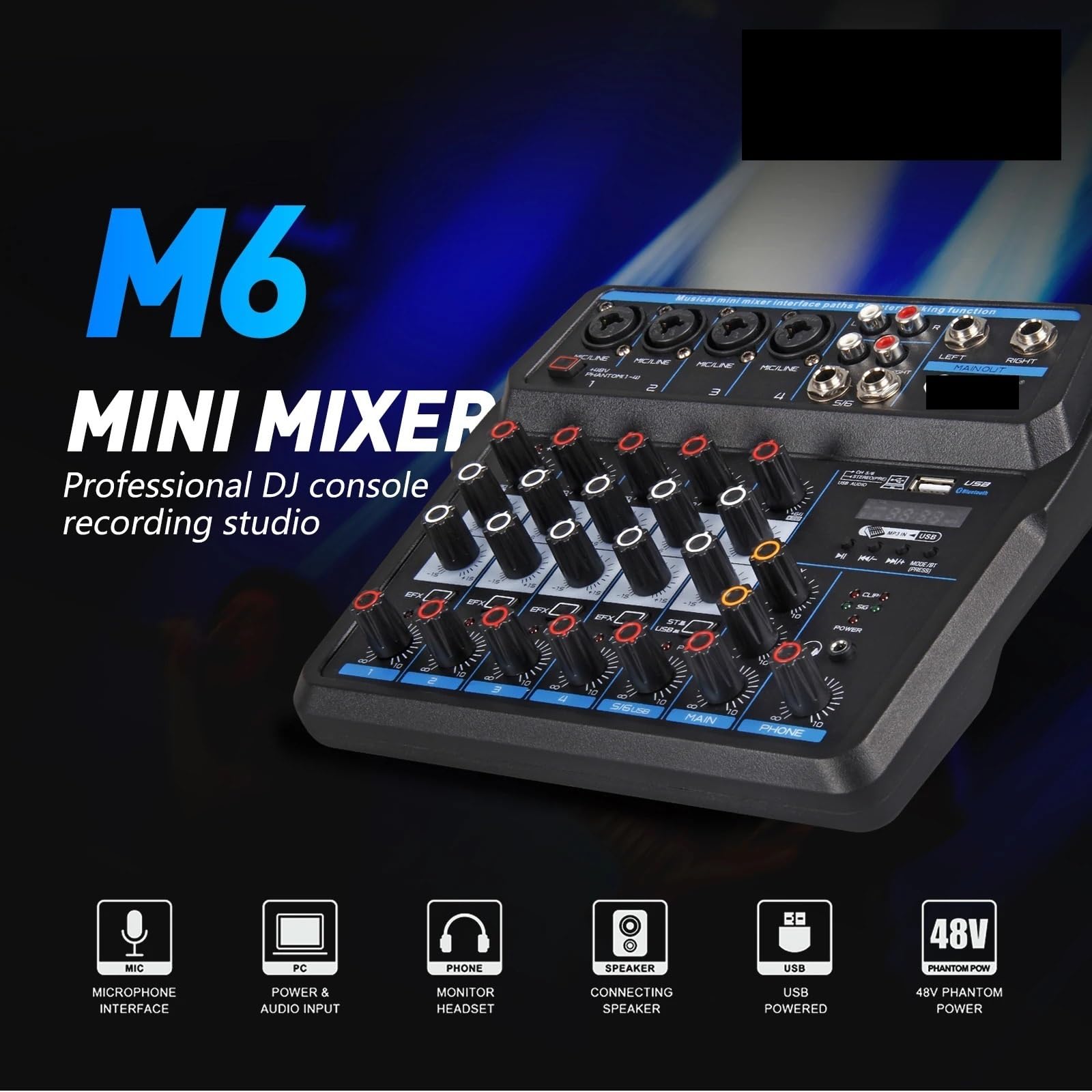 Konsola DJ-ska Aduio Mixer z kartą dźwiękową Bluetooth do nagrywania na komputerze, mikrofonu i miksowania instrumentów. Interfejs dla Profesjonalistów