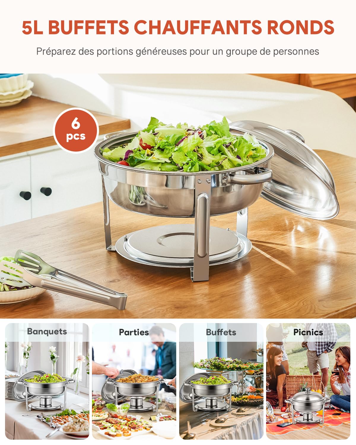 Wilprep Buffets Chauffants Ronds 6PCS Chafing Dish 5L en Acier Inoxydable avec Couvercles Plats Bains Maries Supports de Combustible pour Restaurants Traiteurs Fêtes Mariages Pique-niques