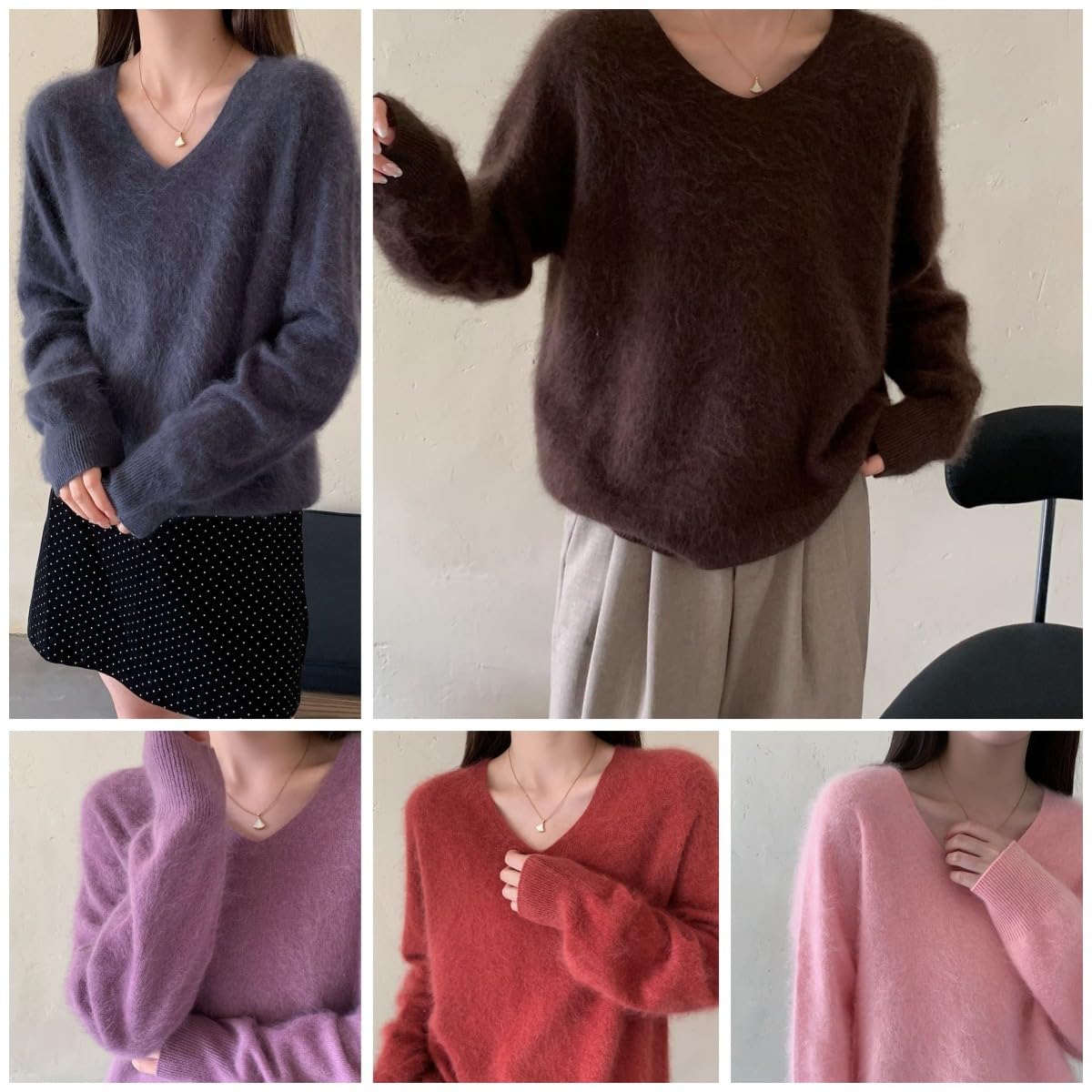 Damen Pullover mit V-Ausschnitt, Kaschmirwolle, gebürstet, weicher warmer V-Ausschnitt, lockerer Kaschmir-Pullover, nahtloser Strickpullover