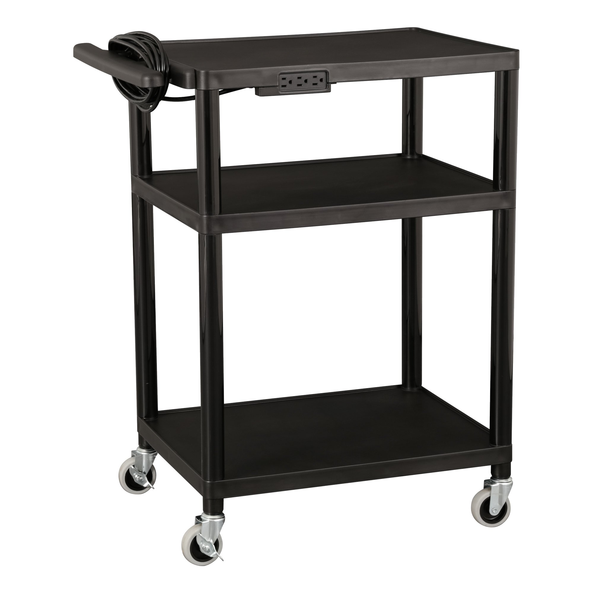 Norwood Commercial Furniture Adjustable-Height Mobile Black Plastic Utility AV Cart with Power Strip, NOR-OUG1042-SO