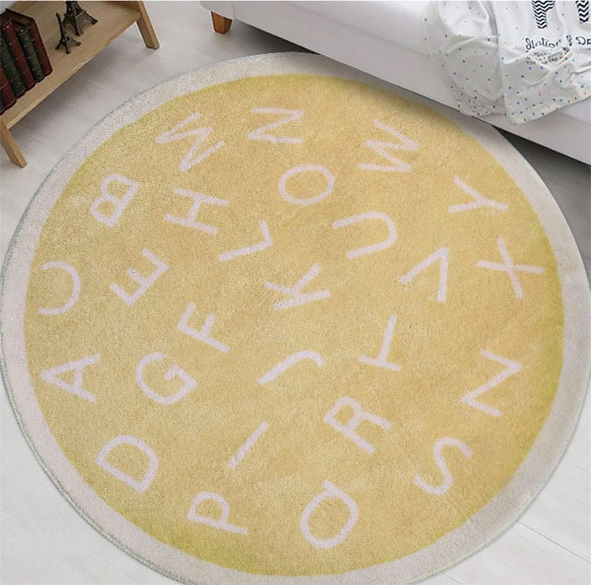ABC Alphabet Runde Teppich weiche Cartoon Plüsch Teppich niedlich Teppich rutschfest für Baby Kinder Zimmer Klassenzimmer Kinderzimmer Zimmer Jungen Mädchen Zimmer Dekor (Gelb, 100cm)