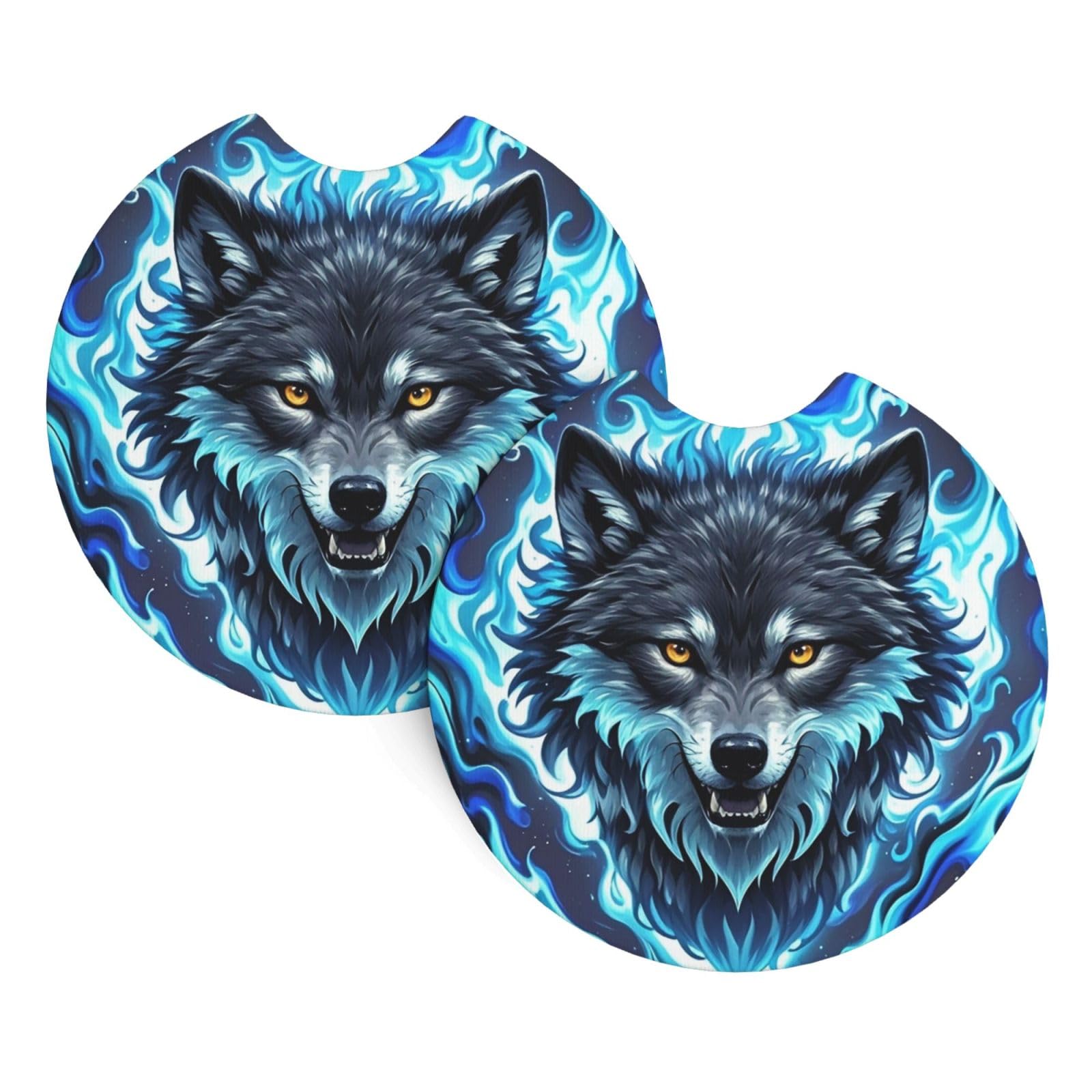 2 Pack Car Coaster for Cup Holders Wolf Head in Blue Flames Car Cup Coaster 2.7" Neoprene Non-Slip Automotive Cup Mat Universal Auto Car Interior Accessories for Women Men Cup Pad