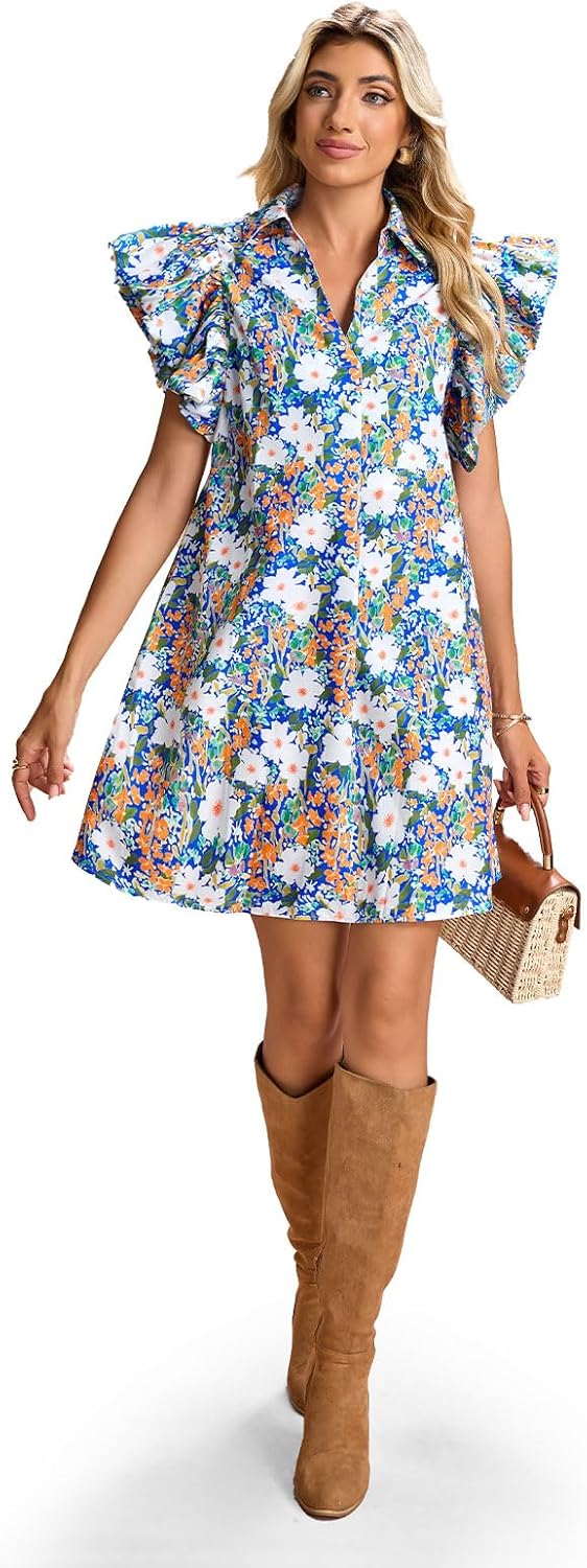 hibshaby Women's Floral Babydoll Mini Dress V-Neck Ruffle Sleeve Cute Dress Sundress - Image 6