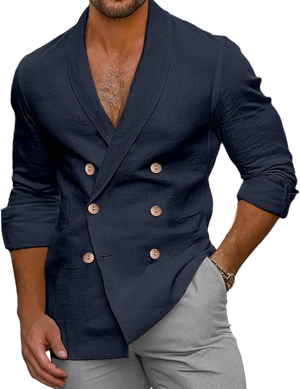 SOMTHRON Men's Linen Double Breasted Blazer Suit Jackets Shawl Collar Slim Fit V Neck Beach Vacation Shirt Tops