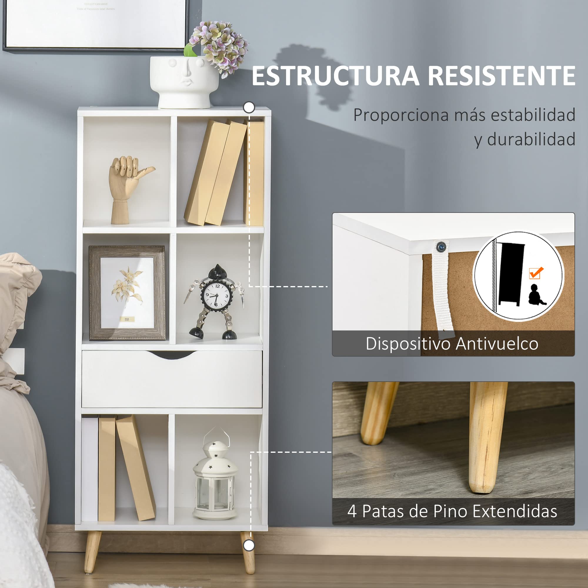HOMCOM Librería Estantería para Libros con 1 Cajón 50x29,5x120 cm Blanco | Patas de Madera, 6 Compartimentos Abiertos, Almacenaje Plantas Archivos, para Salón Dormitorio Oficina