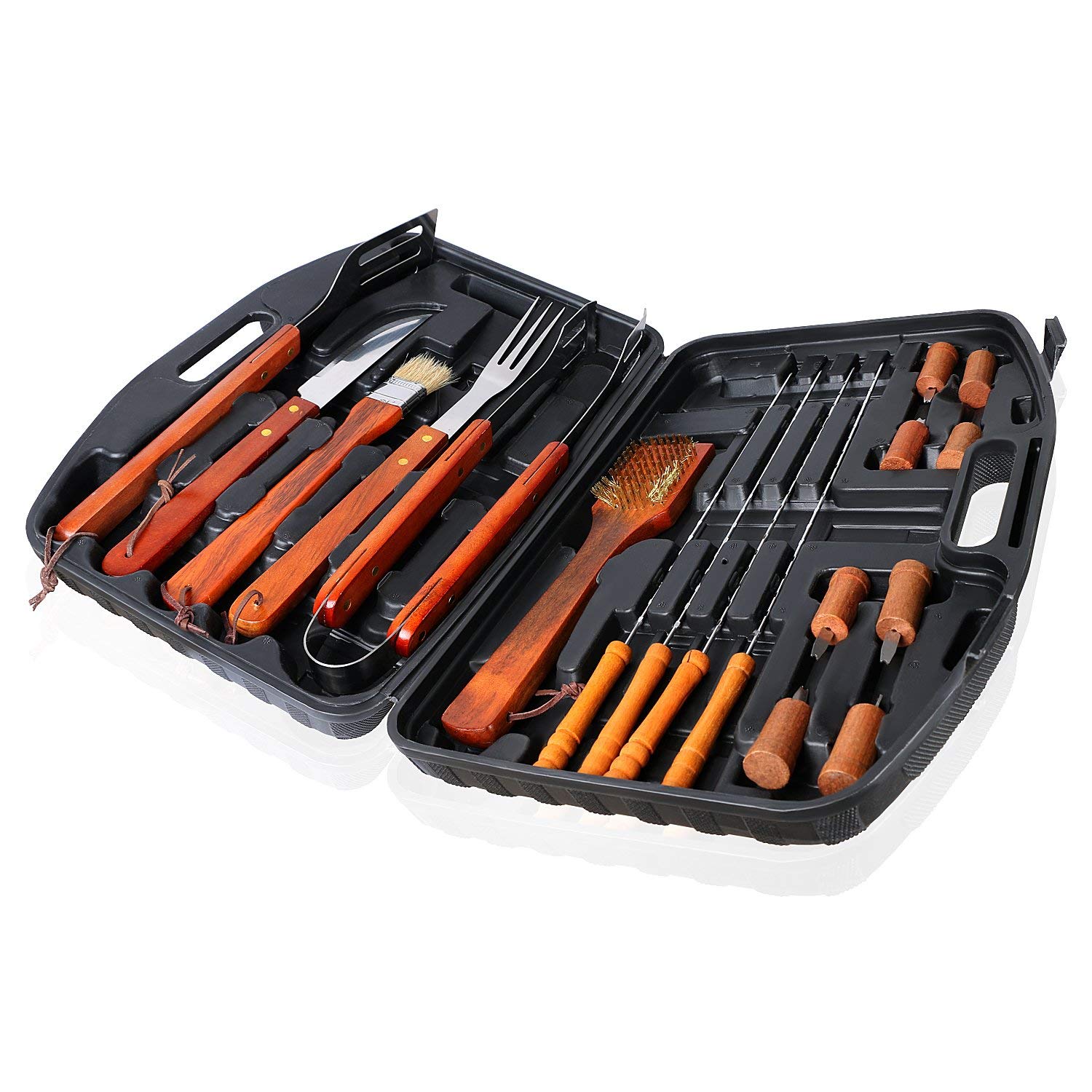 Set di Posate per Barbecue in Legno, 18 Pezzi, Set di Posate per Barbecue, Barbecue per Esterni, Barbecue, Set Barbecue, Facile da trasportare e Pulire, con Una Robusta Valigetta Nera