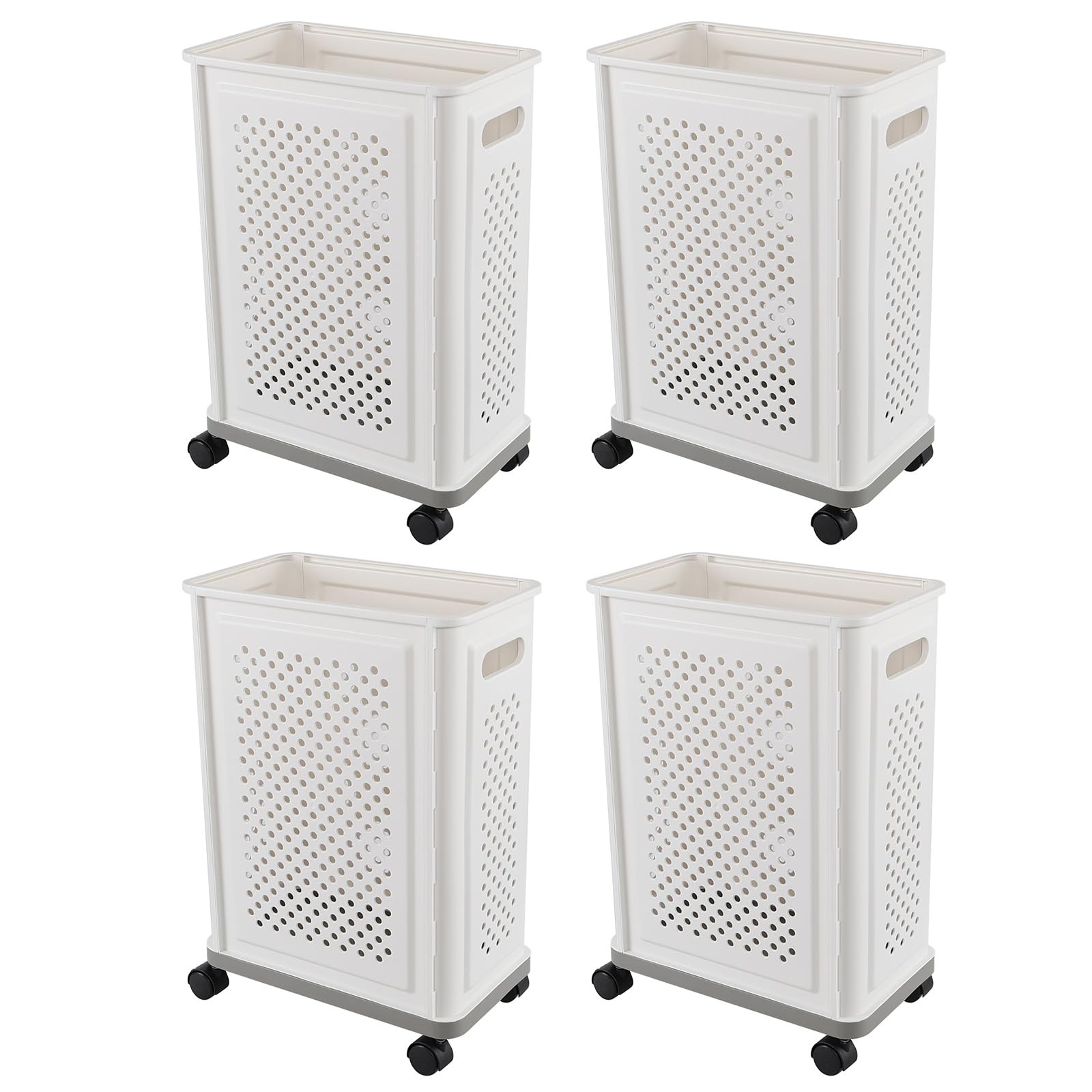 Esdiplot 4 Pack 42 L Slim Tall Plastic Laundry Baskets with Wheels, Narrow Rolling Yoga Mat Basket, White