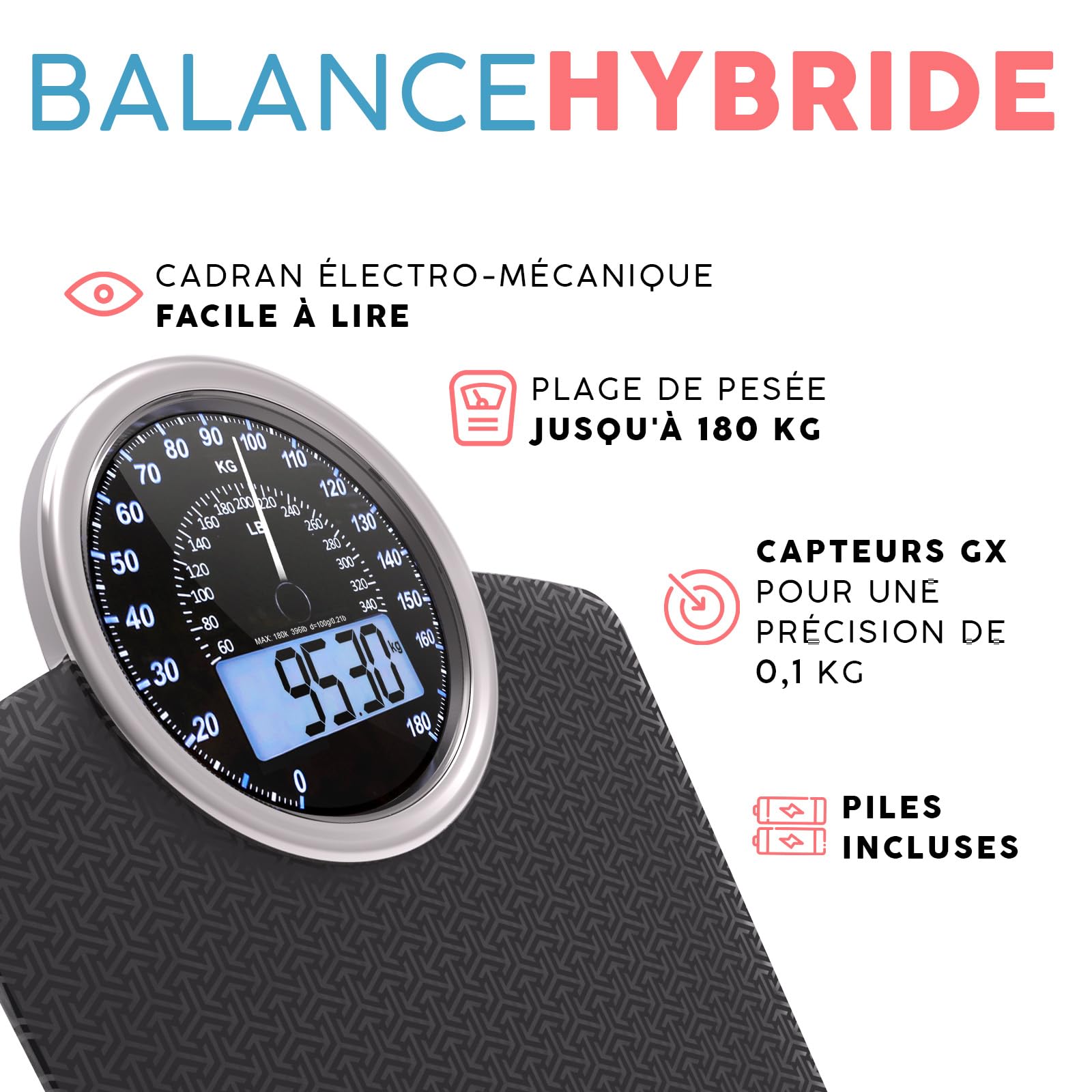Hybrid Pèse-Personne - Analogique & Digital, Précis jusqu'à 180 kg | Lisez votre poids sur cadran analogique et LCD en même temps. Large plateau, 3 piles AAA incluses, prêt à l'emploi.