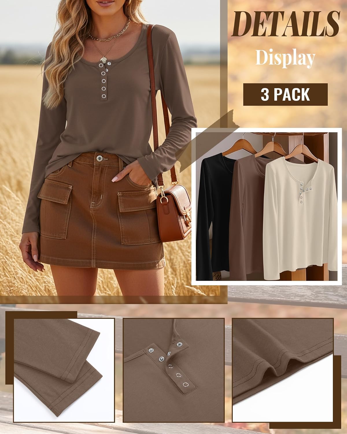 3 Pack Women's Henley Button Shirts Long Sleeve Tops Fall T-Shirts 2026 Casual Trendy Loose U Neck Tee Blouses - Image 4