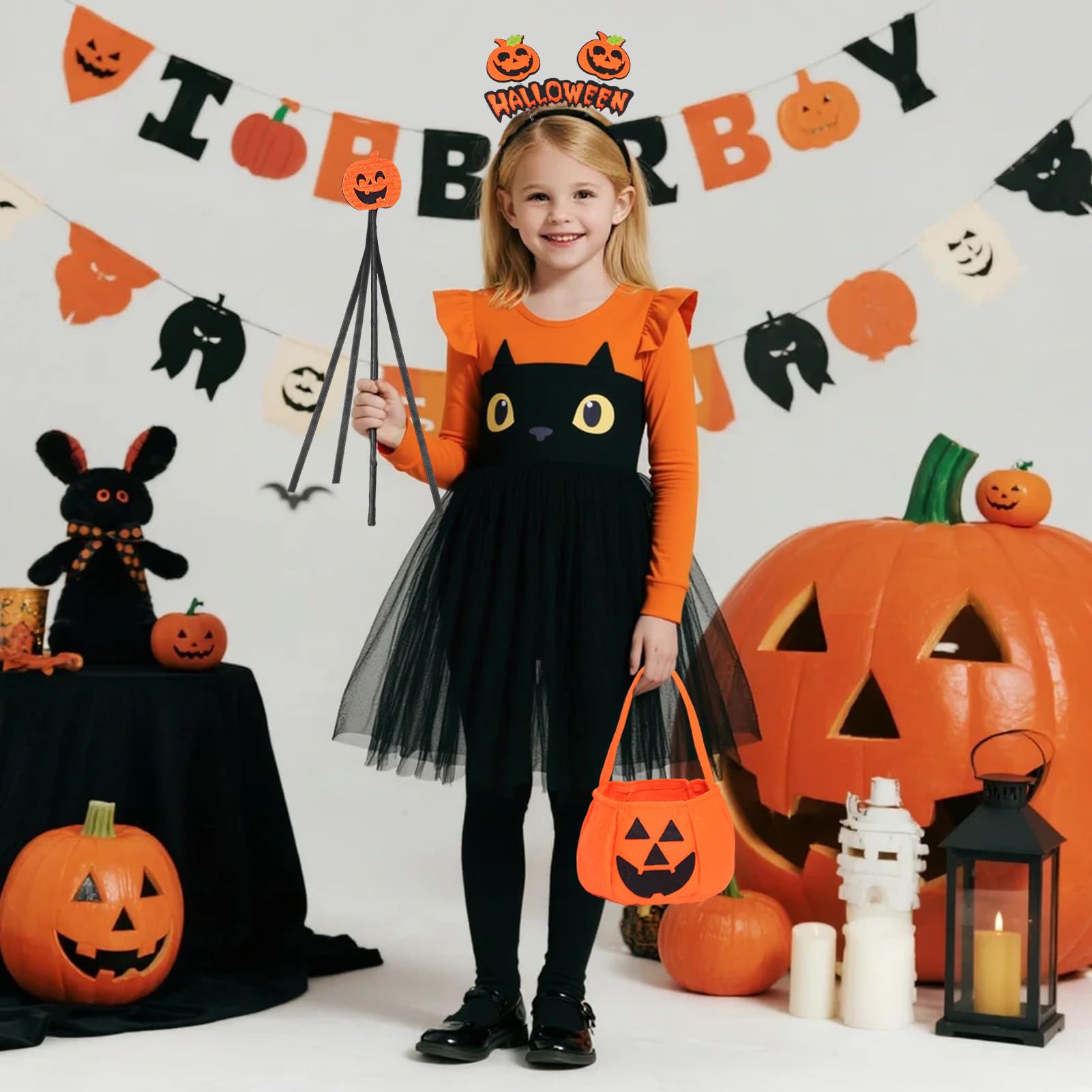 HarnyLoom Pumpkin Dress Costume Kids, Halloween Pumpkin Outfit with Headband, Magic Wand & Trick or Treat Bags - Image 4