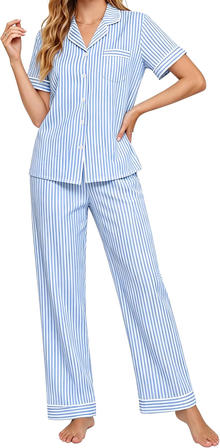 SWOMOG Women 100% Cotton Pajamas Set 2PCS Button-Down Sleepwear Tops and Pants with Pocket Summer Loungewear S-XXL
