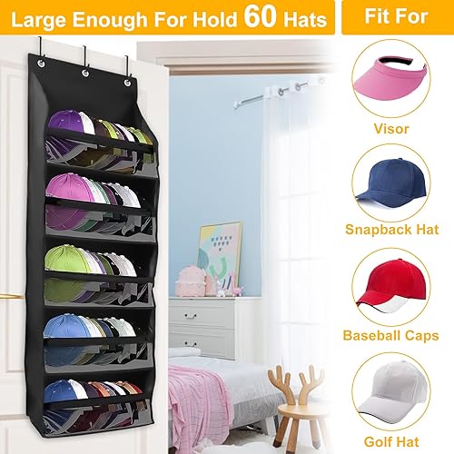 Miniatura 2 de Percheros para sombreros de puerta para gorras de béisbol, organizador de sombreros con bolsillos profundos para armario o pared para 72 sombreros,