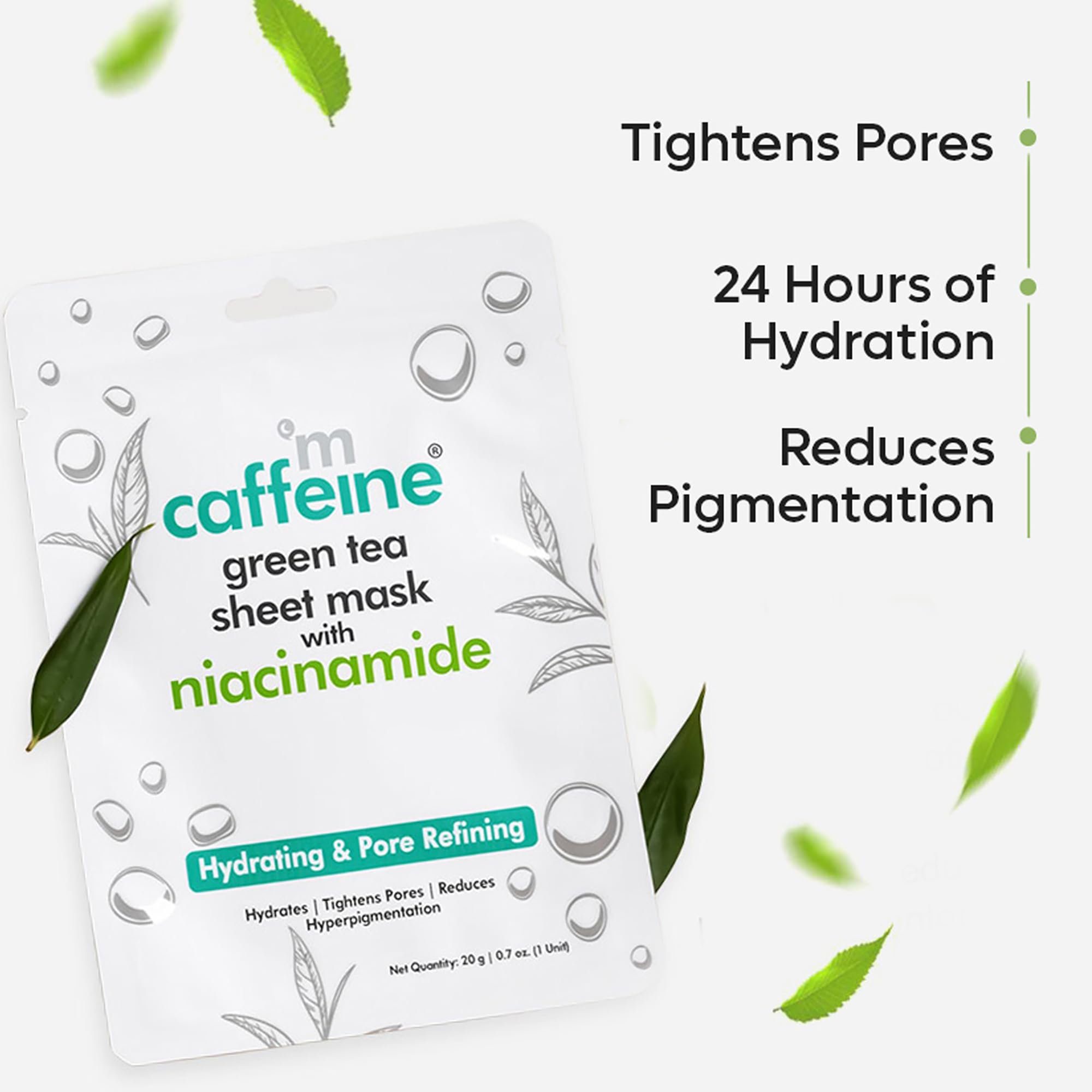 mCaffeine Green Tea Sheet Mask with Niacinamide, Hydrating Face Masks for Pore Tightening, Reduces Hyperpigmentation - Image 4