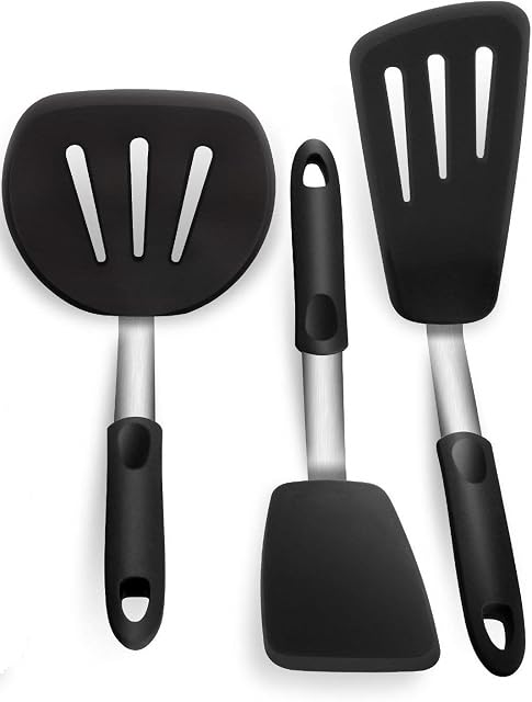 Turner Spatula Set, Kitchen Spatulas Turner, Stainless Steel & Premium Silicone | Non-Stick 600F Heat Resistant Utensils for Cooking, Flipping and Pressing 3Pack