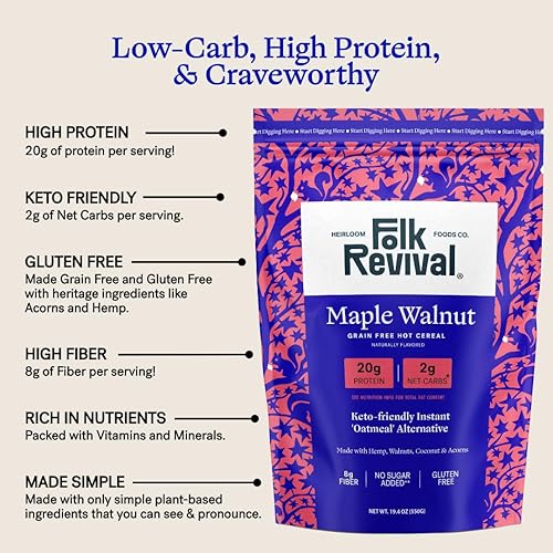 Miniatura 2 de Folk Revival Maple Walnut Keto Instant 'Oatmeal' - 0.71 oz de proteína, 0.71 oz de carbohidratos netos, alto en fibra, sin OMG, sin gluten, hecho