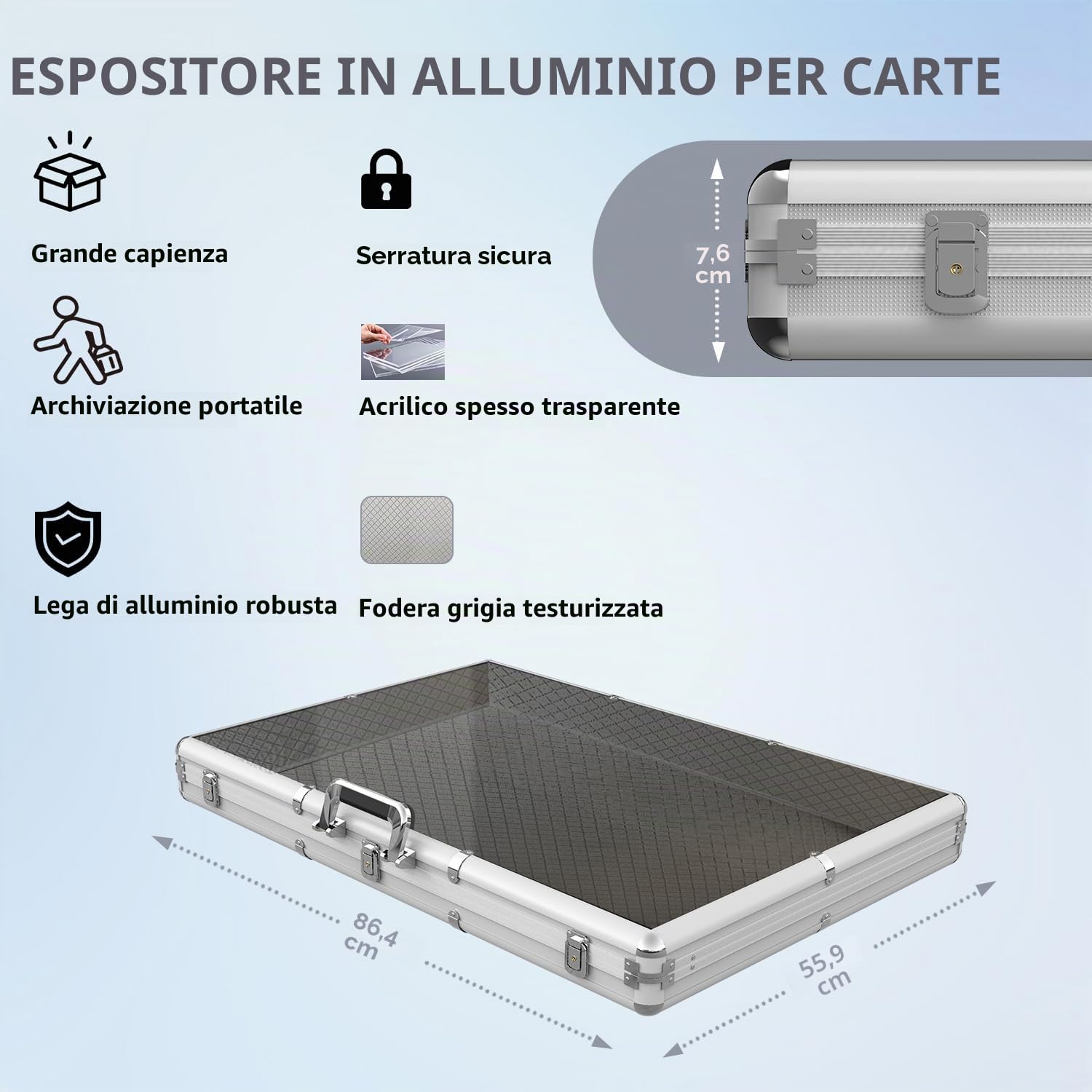 Espositore per carte di credito, grande, in alluminio, 86,4 cm di lunghezza x 55,9 cm di larghezza, con serratura, con manico, 7,6 cm di altezza, portatile, per carte sportive, TCG/collezione