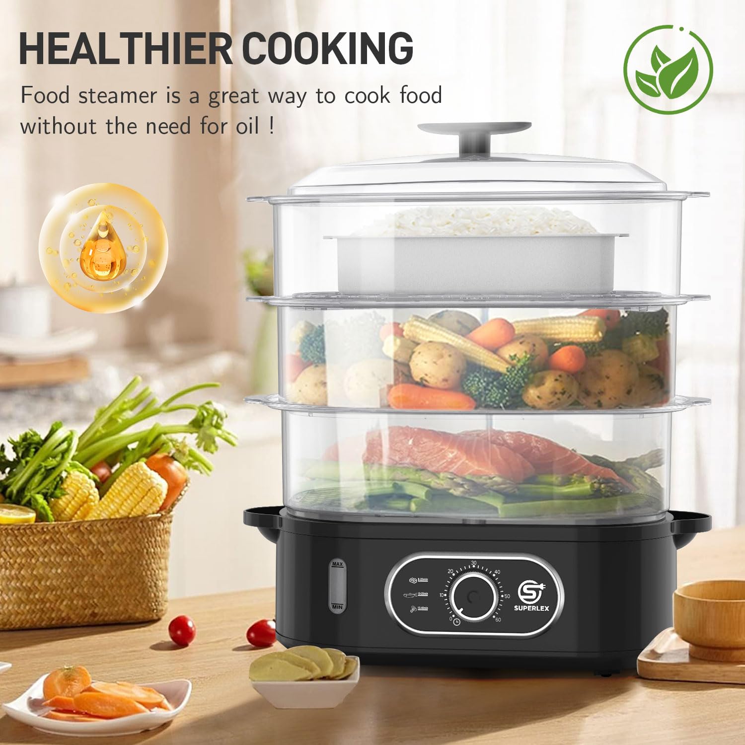 Steamer elettrico a 3 livelli, vaporizzatore per verdure da 12 l, 3 ciotole rimovibili e coperchio, timer da 60 minuti, spegnimento automatico, senza BPA