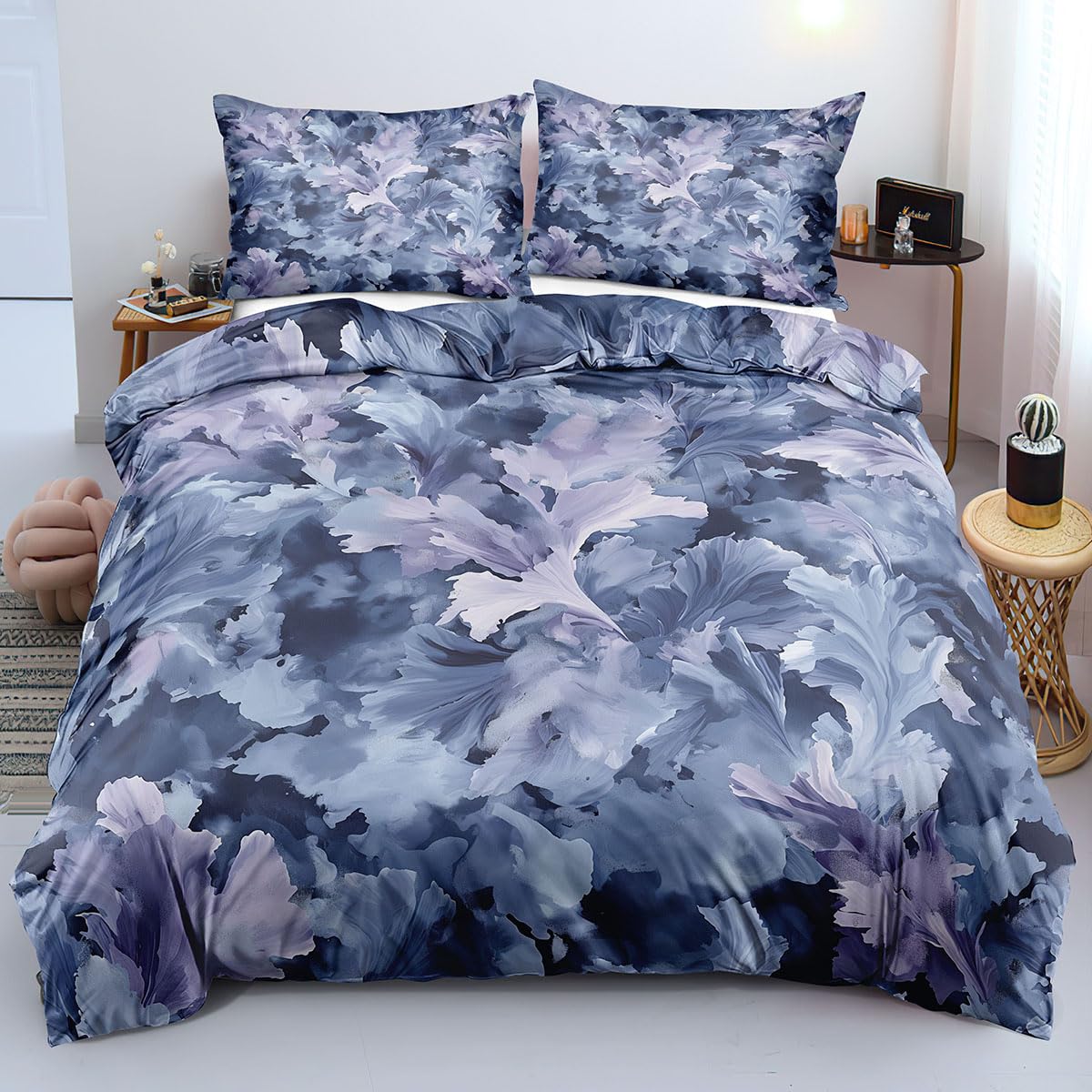 Parure de lit réversible motif feuilles bleu et gris avec fermeture éclair