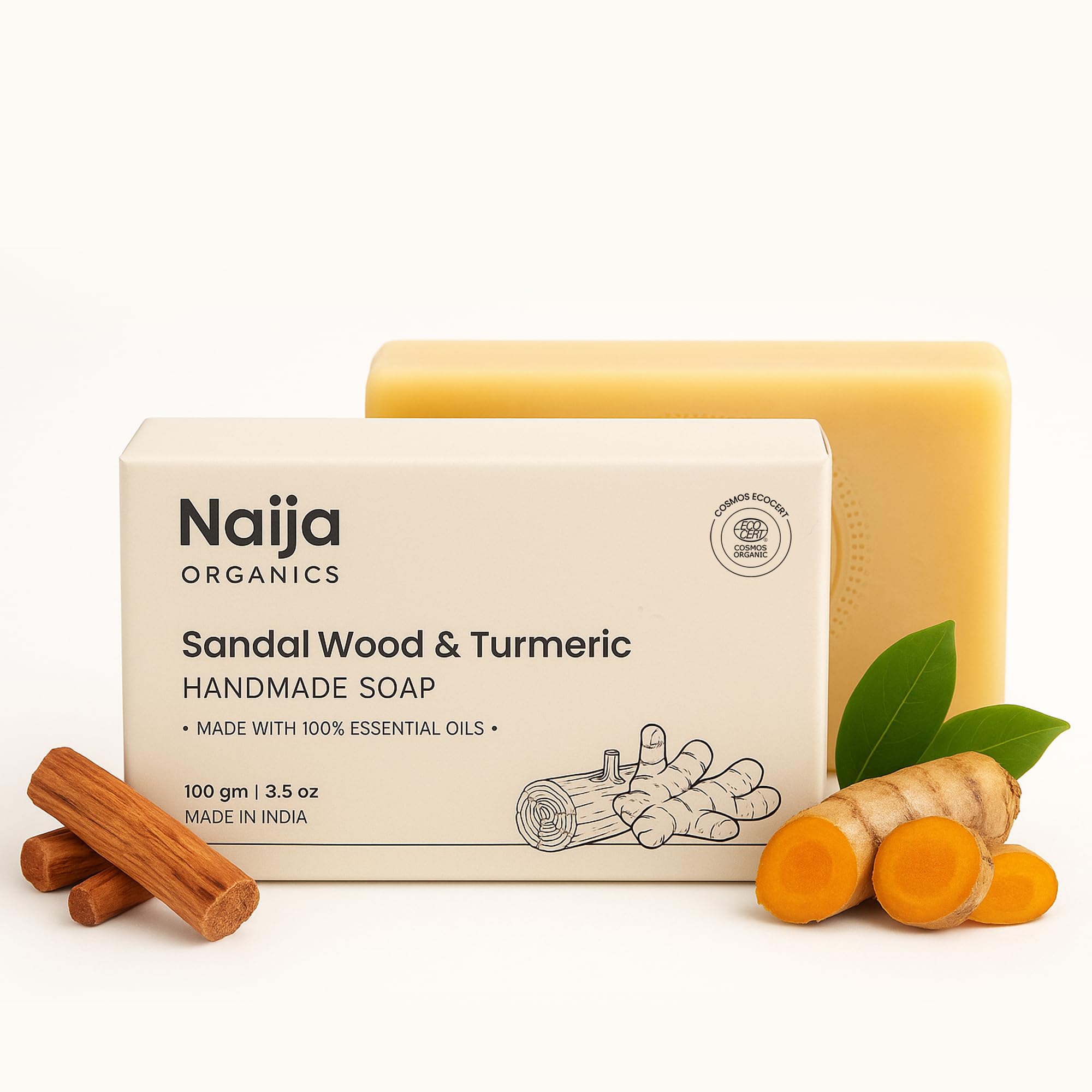 Naija Organics Sandalwood & Turmeric Bath Soap | ECOCERT Certified | Deep Moisturizing & Skin Brightening for Men & Women |100g