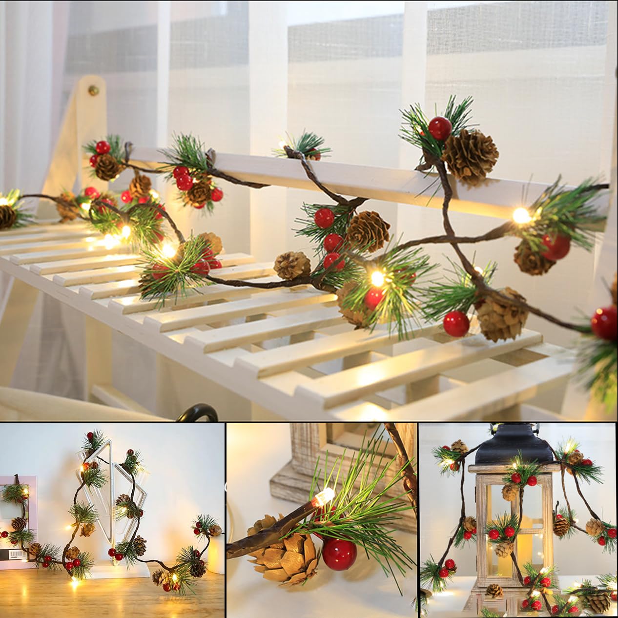 Ghirlanda Natalizia con Luci - Decorazioni Ghirlanda Natalizia 2 metri 20 leds con Pigna Frutto Rosso Pinoli Natale Decorazioni Casa per Decorare Camino Porta Scale Pareti Albero di Natale (Verde)