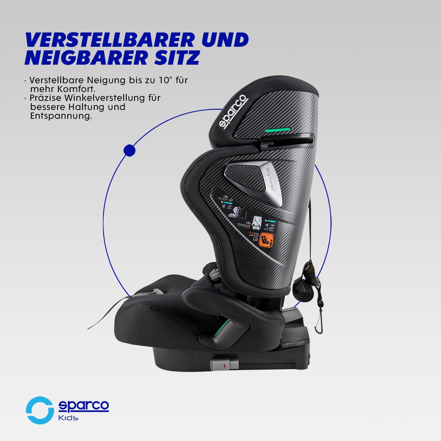 Sparco i-Size-Kindersitz SK8000IBK für Kinder von 76 bis 150 cm, ECE R129/04-zertifiziert, mit ISOFIX und Top Tether, verstellbarer Kopfstütze, klappbarer Rückenlehne und 5-Punkt-Gurt, Farbe: Schwarz
