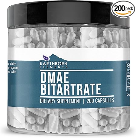 Earthborn Elements DMAE Bitartrate 200 Capsules, Pure & Undiluted, No Additives
