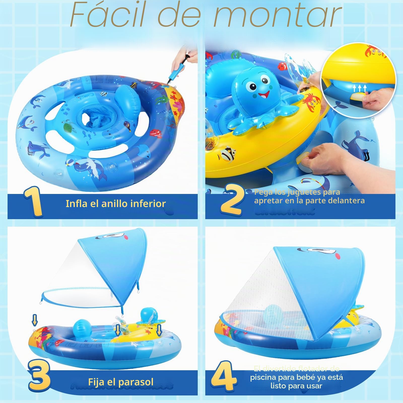 ZOOI Flotador Bebe con Sombrilla Partir de 6 Meses, UPF 50+ Flotador Bebe con Sombrilla y Asiento de Seguridad, Entrenador de NatacióN Adecuado Para 10-20 KG, Bola de Equilibrio Para Evitar Vuelcos