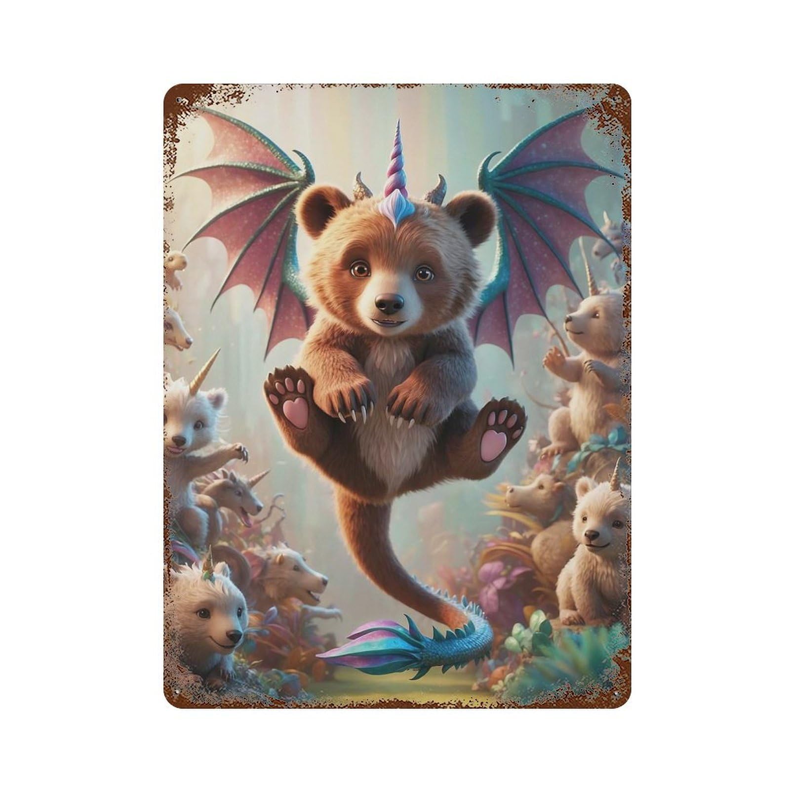 Hybrid Unicorn Bear Cub with Dragon Wings Decorative Tin Sign 15.7"x11.8", Industrial Home Decor for Garage, Pub Or Kitchen