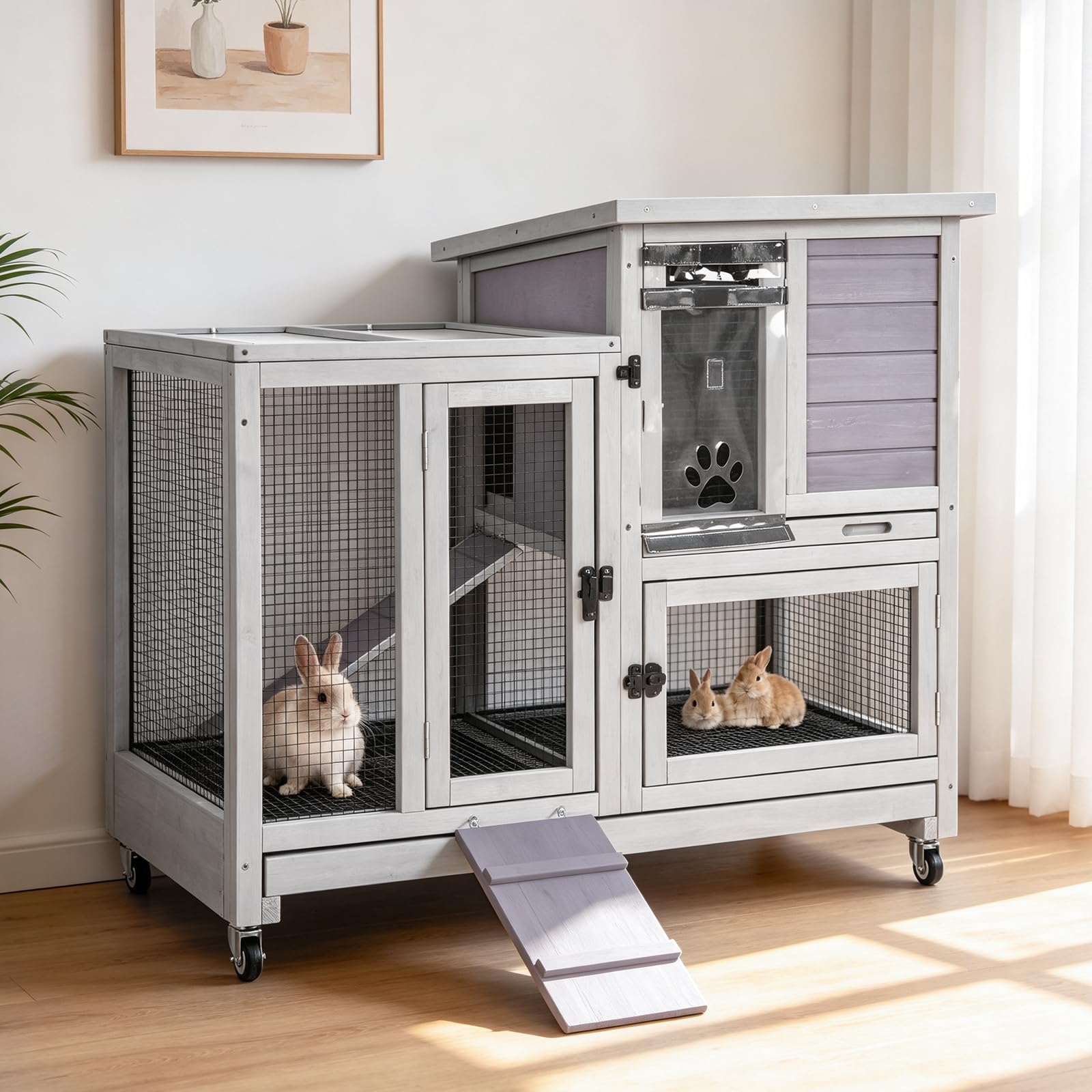 GUTINNEEN Rabbit Hutch Mobile Bunny Cage Indoor with Run Rabbit House for Small-Medium Animals with Waterproof Roof(Grey)