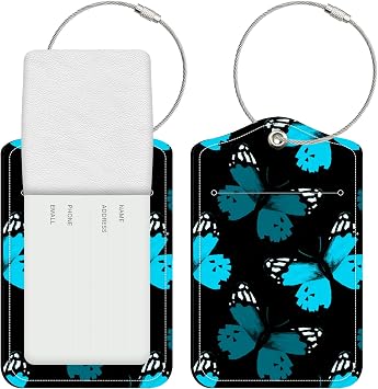 2 Pack Leather Luggage Tags with Privacy Cover for Suitcases,PU ID Label with Stainless Steel Loop and Name Address Card for Men Women Travel Bags Flights Gifts -Blue Butterfly