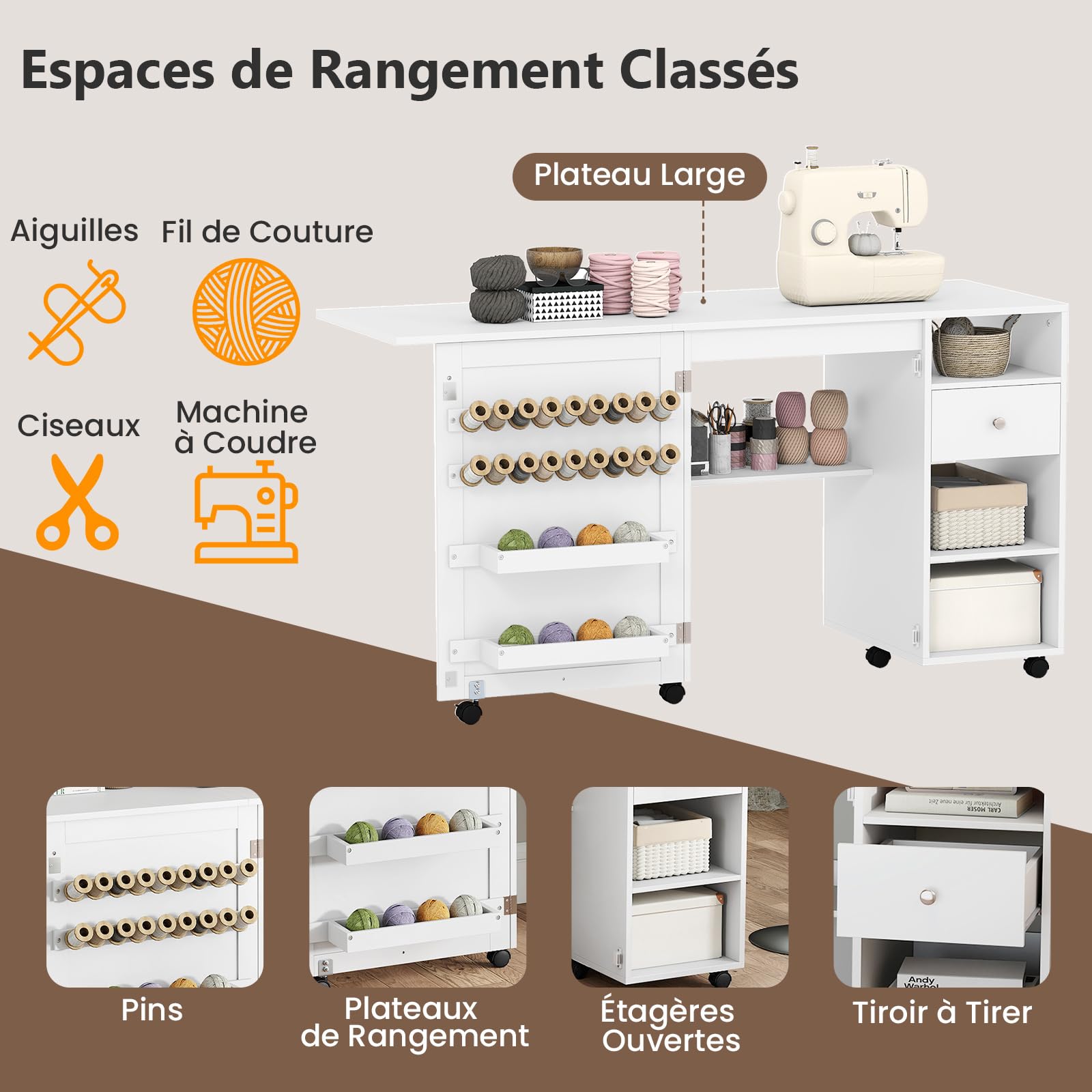 RELAX4LIFE Table de Couture Pliante - 18 Crochets, 2 Plateaux, 3 Compartiments, Tiroir, 4 roulettes Verrouillables, Table de Machine à Coudre en Bois, Meuble Couture Gain de Place pour Aiguilles Fils