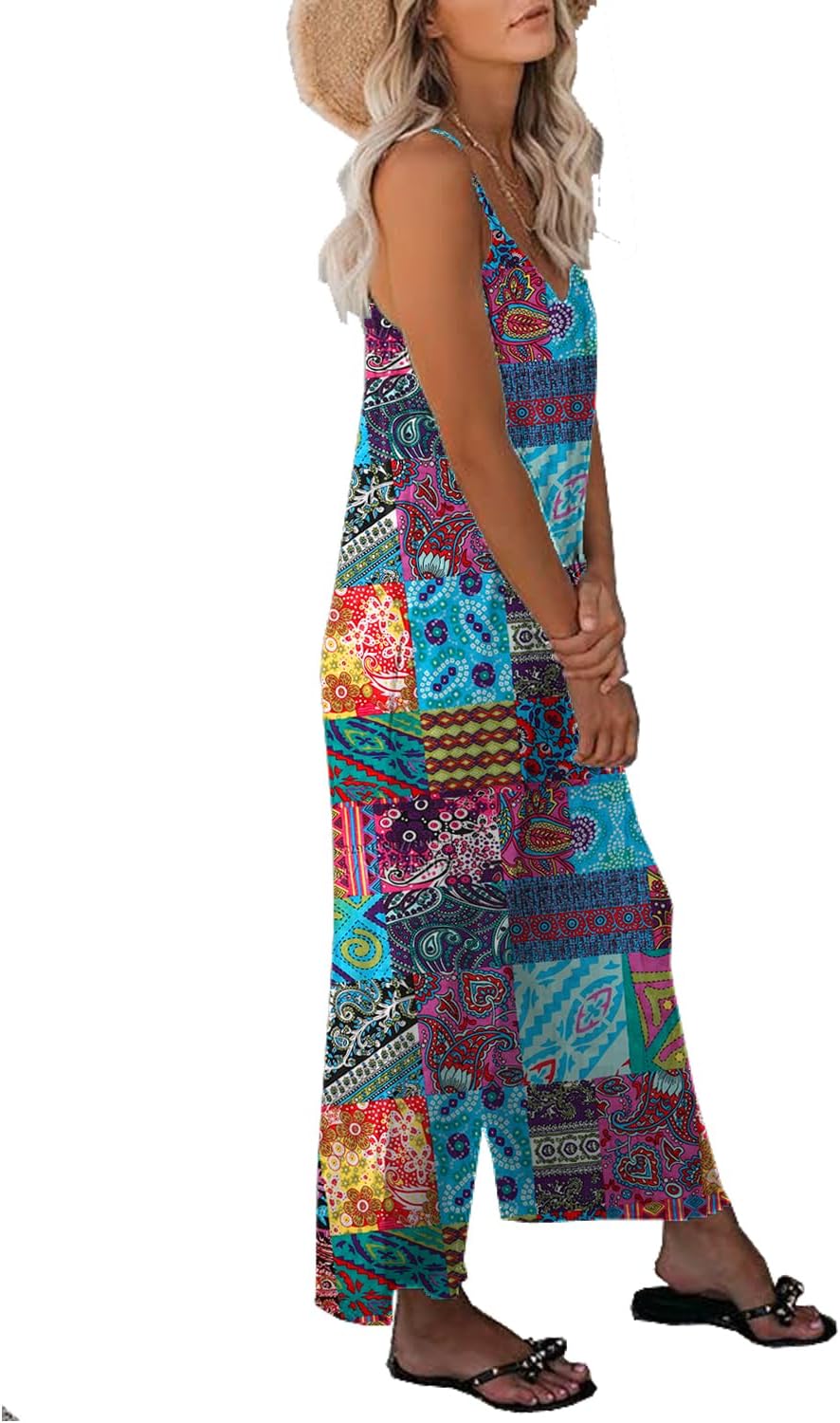 Womens Casual Loose Sleeveless Bohemian Beach Jumpsuits Spaghetti Strap Wide Leg Rompers with Pockets LTK - Image 2