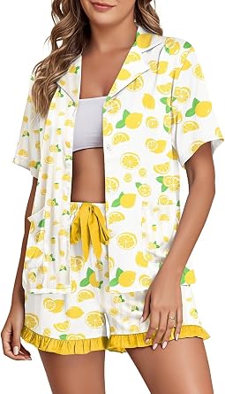 Brosloth Womens Silk Pajama Shorts Set Short Sleeve Summer Pjs Set Printed Ruffle Satin Pajamas 2 Piece Button Up Sleepwear