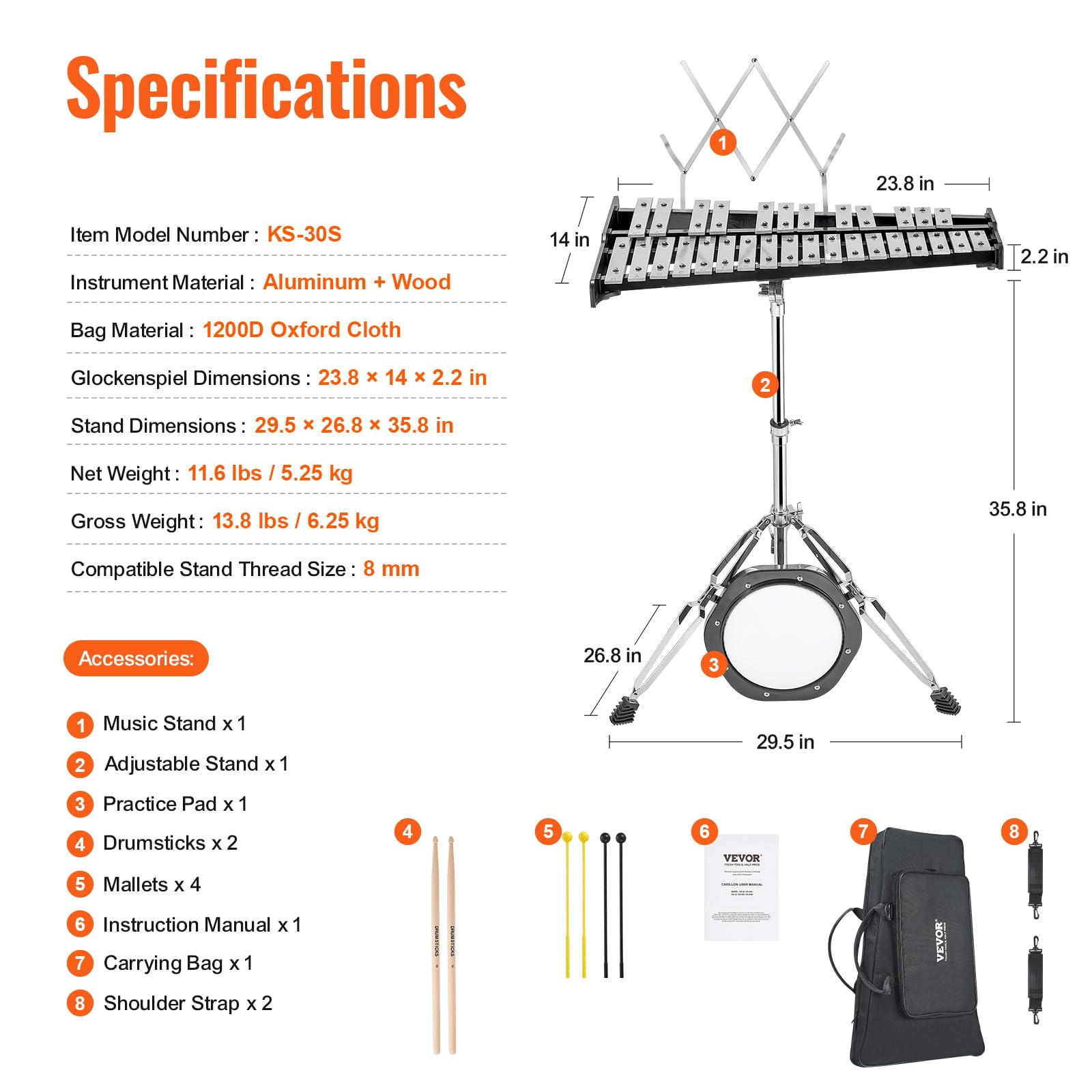VEVOR Kit Campana Xilofono Glockenspiel a 30 Note, Strumento a Percussione Professionale con Mazze, Bacchette, Leggio, Pad 203 mm, Supporto Regolabile e Borsa per il Trasporto per Studenti e Adulti