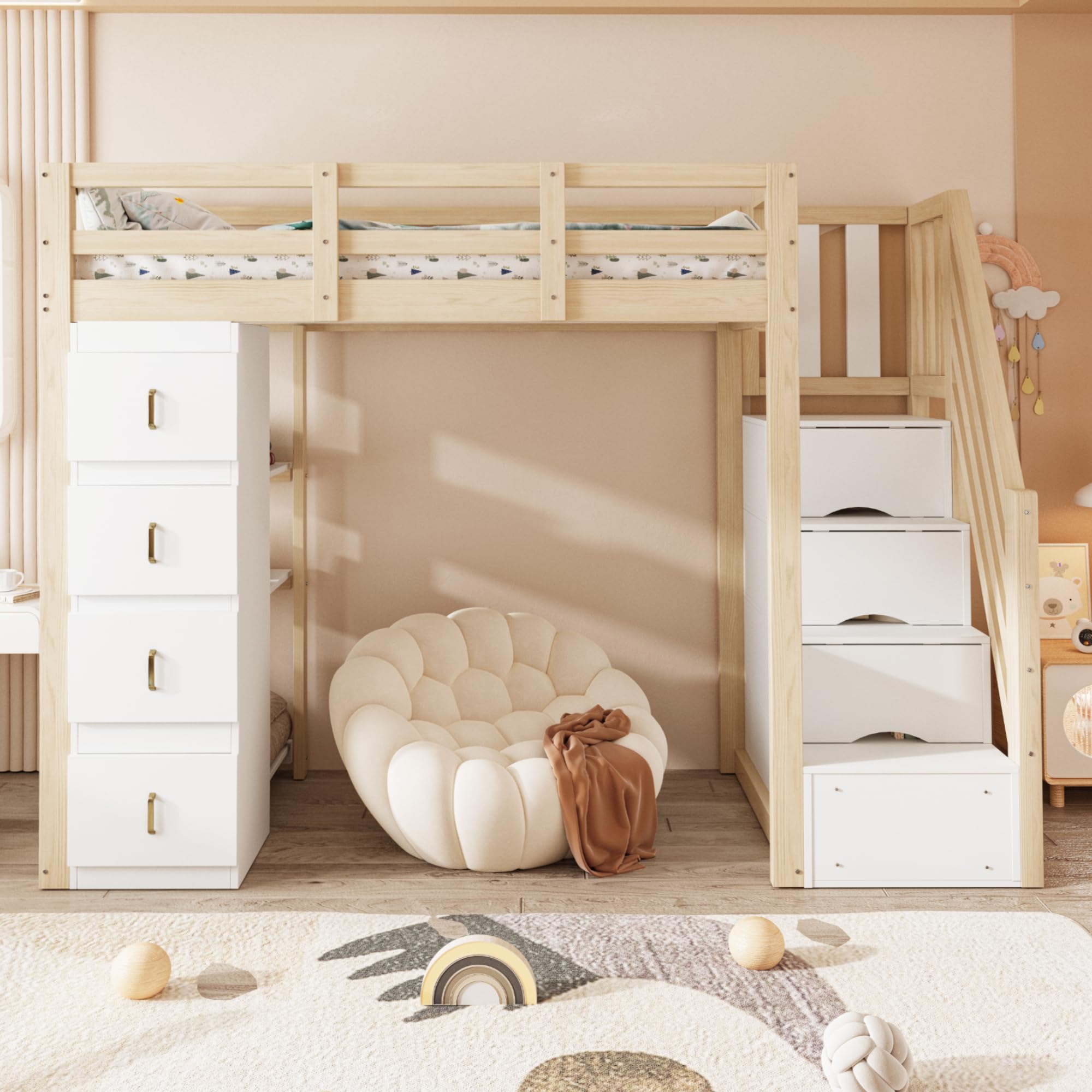 Cama alta 90 x 200 cm con cajones de almacenamiento, estantería de varios niveles, escalera segura, cama multifuncional de madera maciza, color madera natural