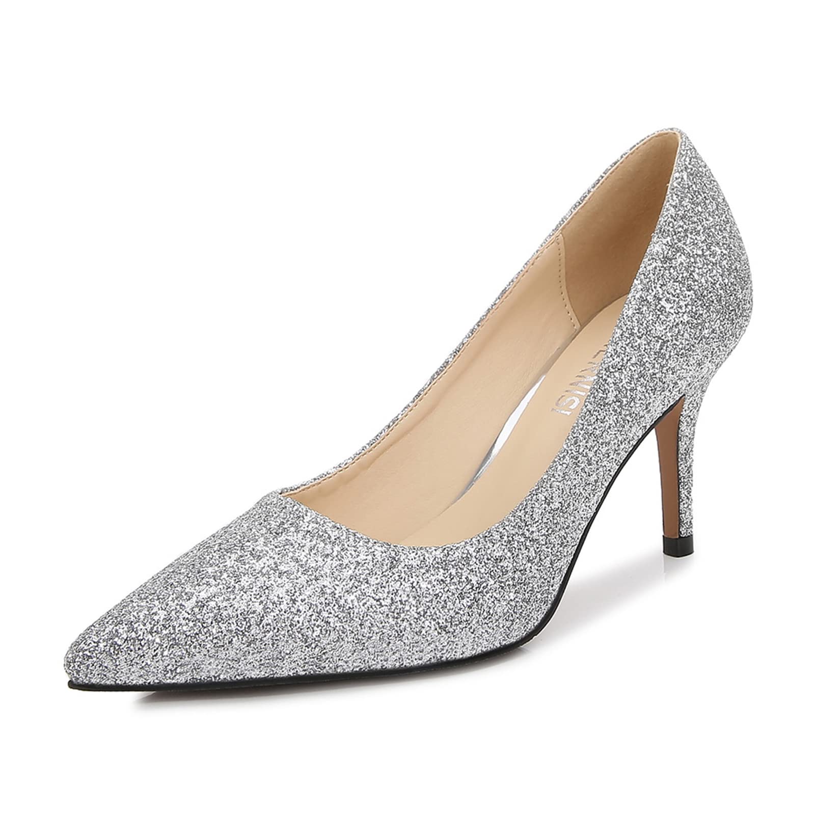 Scarpe A Spillo da Donna 8CM / 3.14IN Scarpe da Corte Scarpe A Punta Tacco Alto Slip-On Ufficio Matrimonio,Argento,40 EU