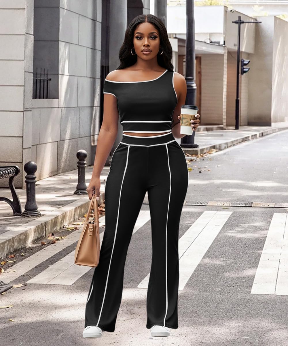 knowfashionstyle Two Piece Sets For Women Going Out Outfits Sexy Casual Sleeveless Crop Tops Off Shoulder Wide Leg Pants Set - Image 4