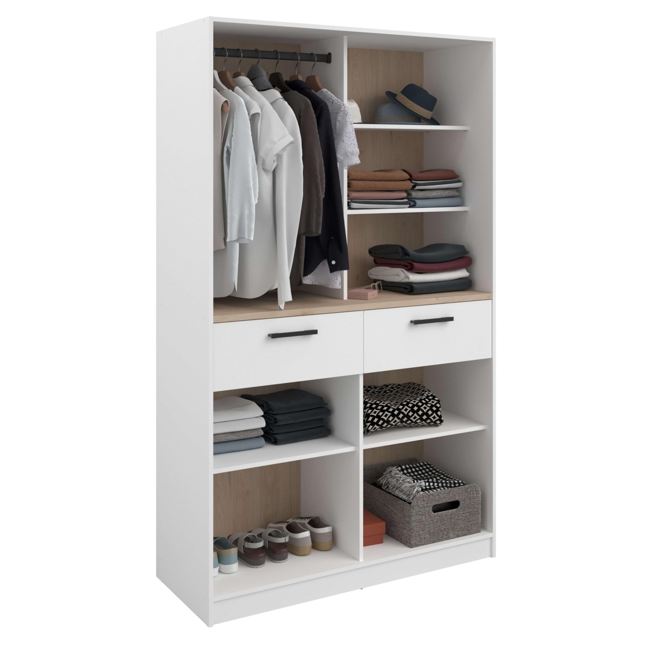 Miroytengo Vestidor Abierto Modular Flexa Dormitorio Roble Jackson Blanco Mate 2 Cajones 5 Estantes 2 Barras 203x200 cm