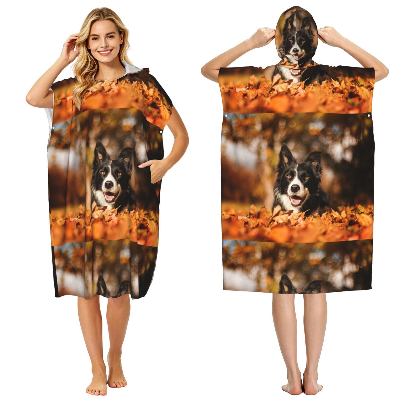 Poadnly Border Collie Bokeh Autumn Black Border Collie, Adult Hooded Beach Towel 90 x 110 cm,Changing Bath Robe, Surf Poncho Towel For Women Men
